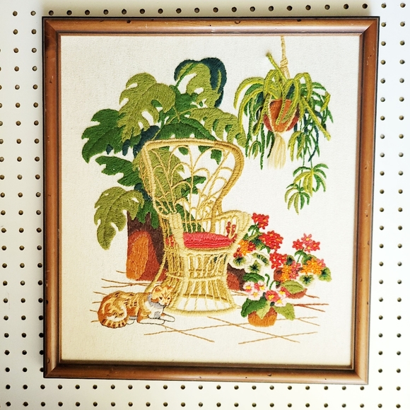 Vintage Crewel Peacock Chair Cat Plant Lady Vibe